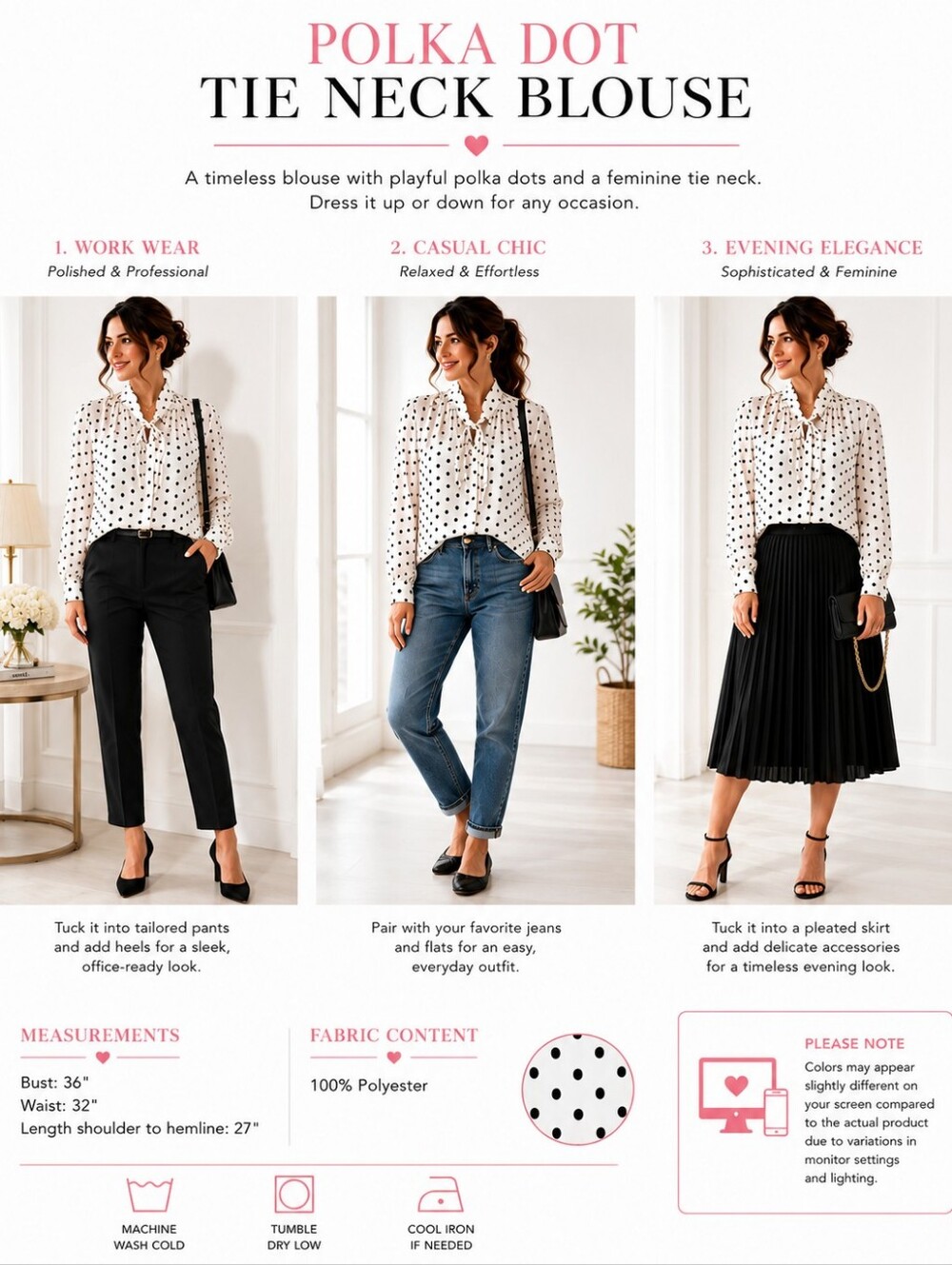 Black & White Polka Dot Tie Neck Long Sleeve Blouse | SizeXL | Parisian Chic - Picture 4 of 8